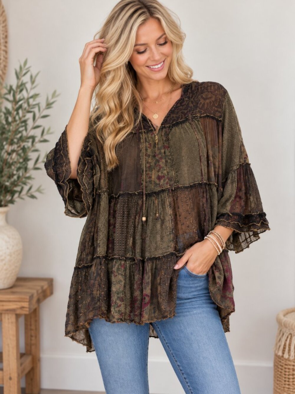 Women’s Olive Brown Tiered Peasant Top - Boho Vibes